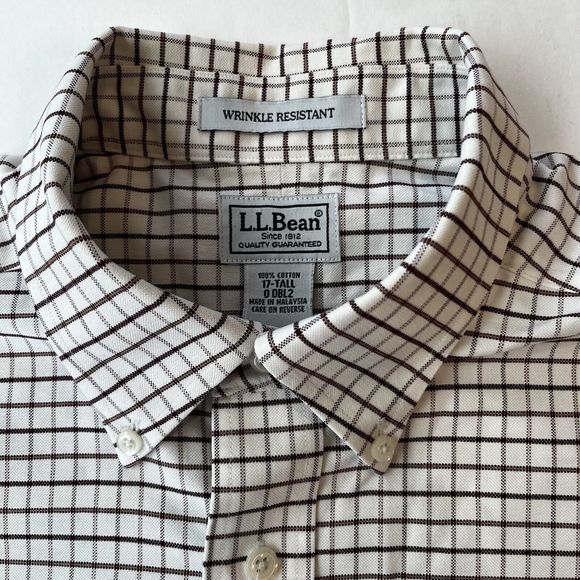 LL Bean Mens Short Sleeve 17 Tall 0 DBL2 Wrinkle Resistant Brown‎ Plaid - Picture 2 of 10